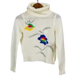 Vintage 80s Bee Wear Turtleneck Sweater Mid Mod Floral Long Sleeve Cream - S